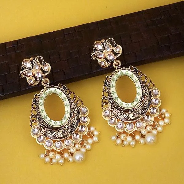 dazzling earrings for women-Kriaa Green Meenakari Gold Plated Kundan Dangler Earrings  - 1316338D