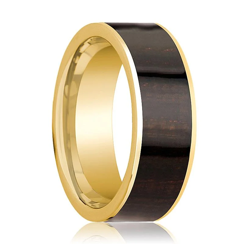 opal rings for women-Men's 14k Yellow Gold Wedding Band with Ebony Wood Inlay Polished Finish - 8MM