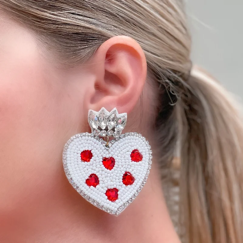 luxurious diamond earrings for women-Red & White Heart Rhinestone & Bead Statement Earrings