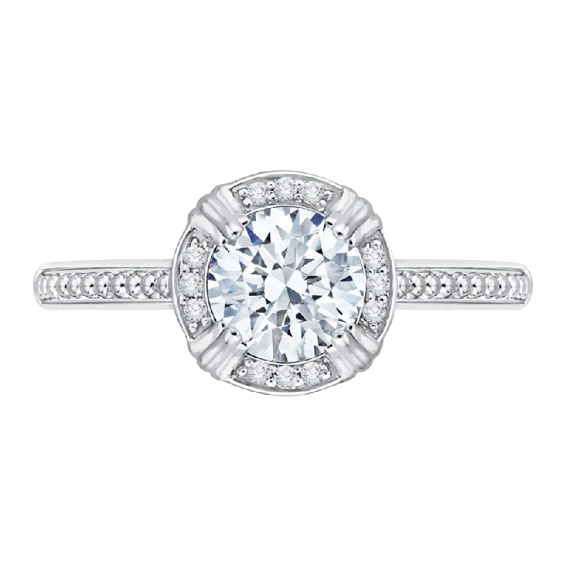 antique-style engagement rings-14K White Gold Round Diamond Halo Cathedral Style Engagement Ring (Semi Mount)