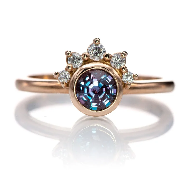 engagement rings for women-Juno - Bezel Set Round Alexandrite Engagement Ring with Diamond Half Halo