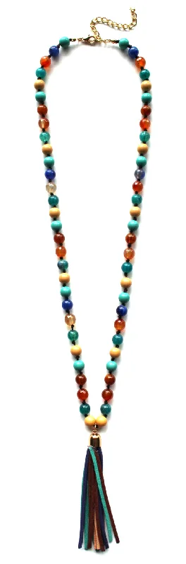 chunky necklaces for women-Colorful Beads & Tassels Necklace- Multi Turquoise