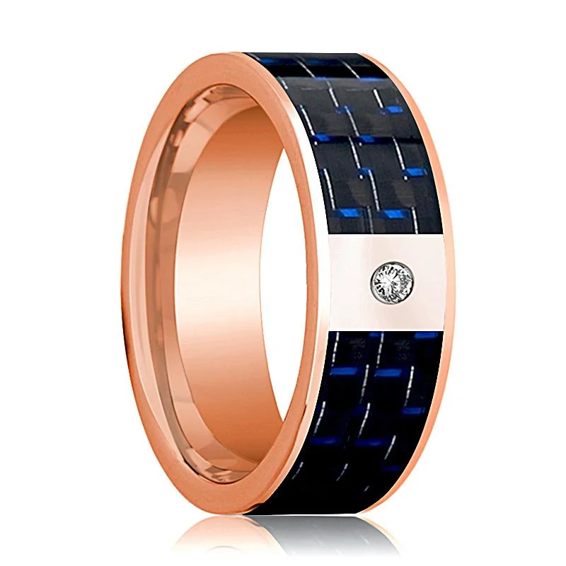 diamond solitaire rings for women-Men's 14k Rose Gold & Diamond Flat Wedding Ring with Blue & Black Carbon Fiber Inlay - 8MM