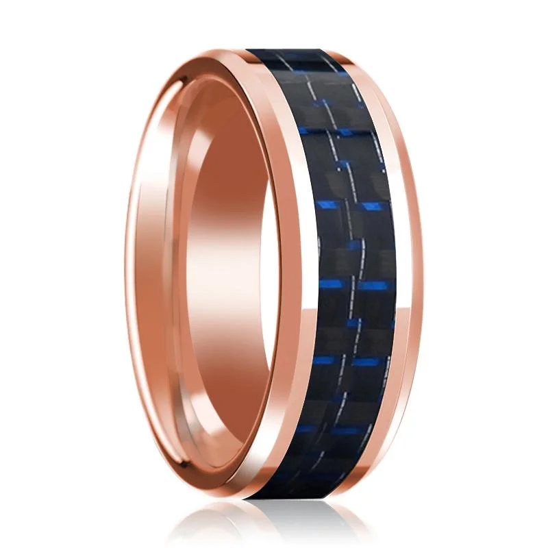 gemstone solitaire rings for women-Men's 14k Rose Gold Polished Wedding Band with Blue & Black Carbon Fiber Inlay & Bevels - 8MM