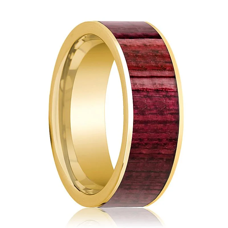 personalized rings for women-Polished 14k Yellow Gold Flat Wedding Ring for Men with Purpleheart Wood Inlay - 8MM