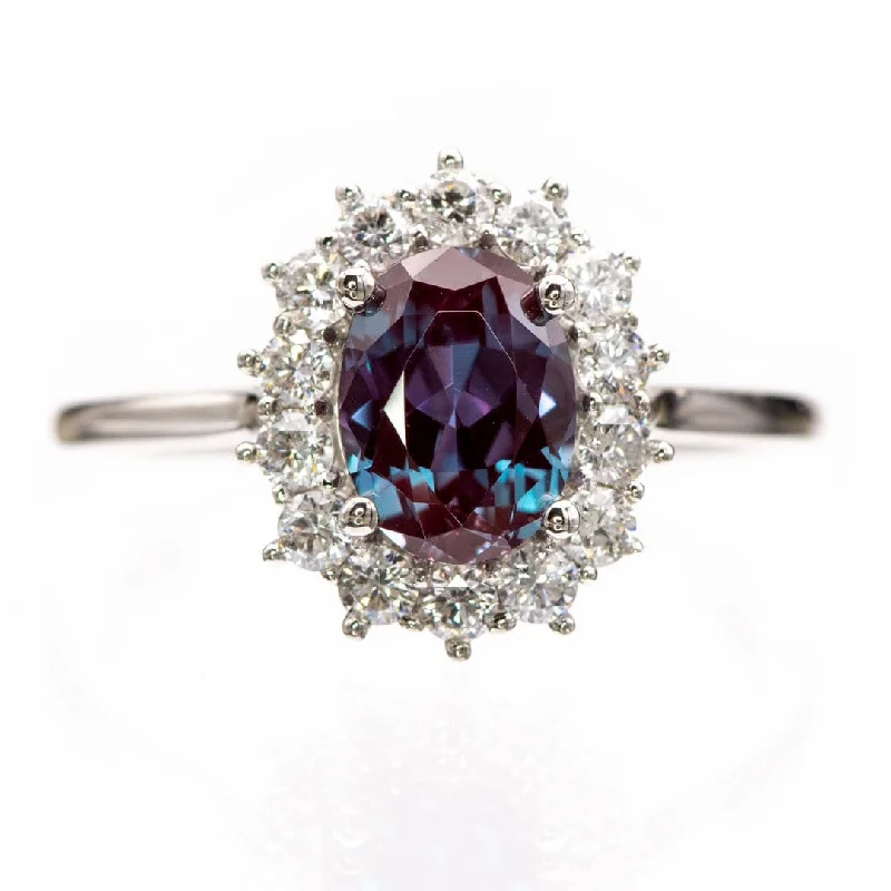 radiant cut engagement rings for women-Ophelia - Oval Lab-Created Alexandrite Prong Set Halo Engagement Ring