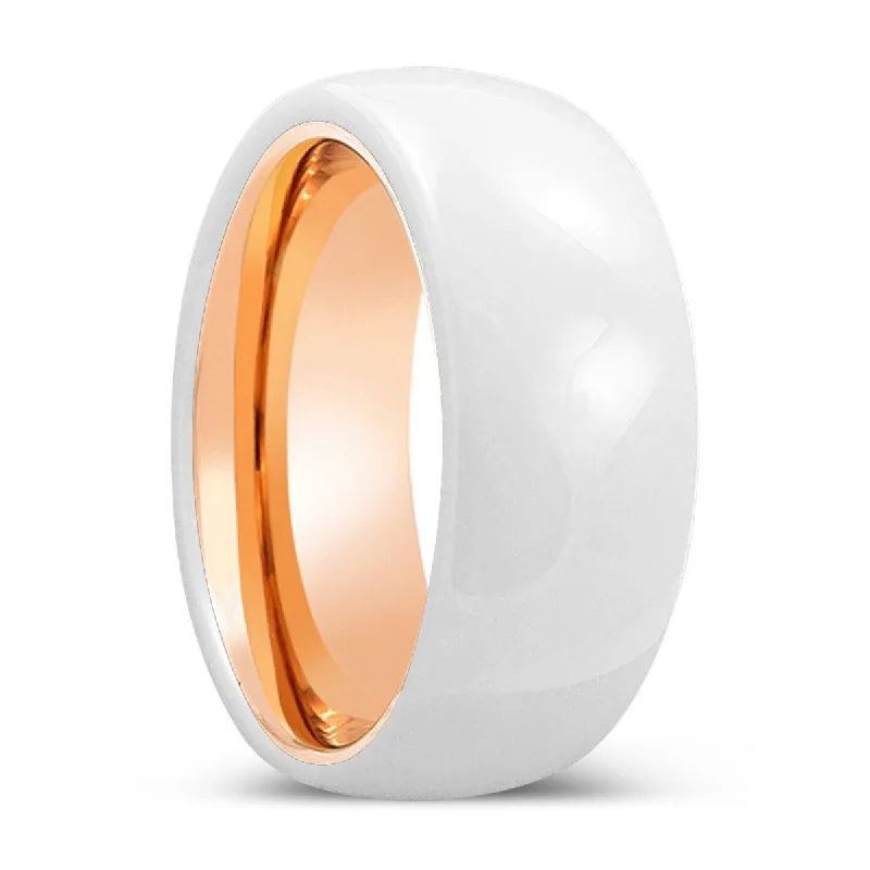 rose gold wedding rings for women-TUSK | Rose Gold Ring, White Ceramic Ring, Domed