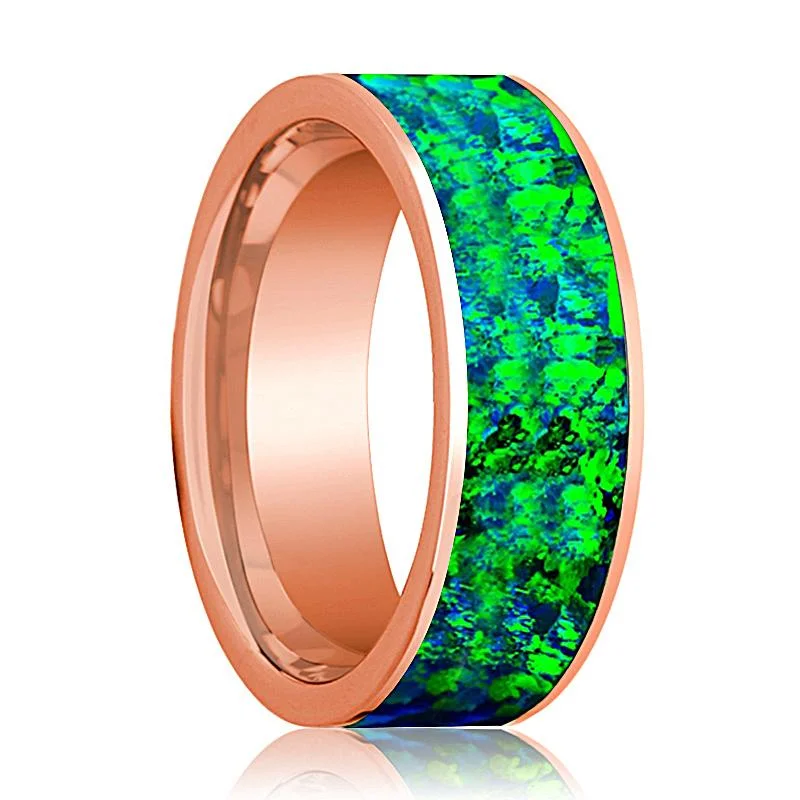 rose gold wedding rings for women-Flat Polished 14k Rose Gold Wedding Band for Men with Emerald Green and Sapphire Blue Opal Inlay - 8MM