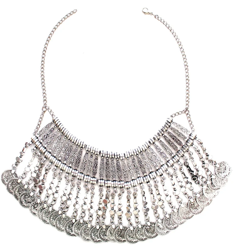 elegant necklaces for women-Antiqued Metal Coin Bib Necklace- Silver