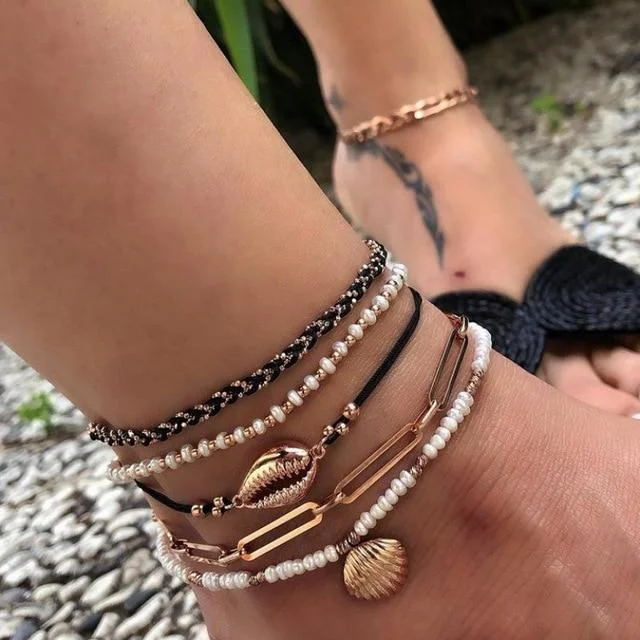 luxury bangles for women-Bohemian Shell Anklet Bracelets Set Pearl Charms Anklet Foot Chain