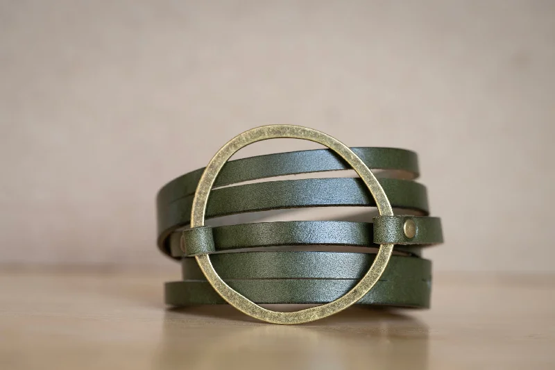 unique bangles for women-Handmade Leather Bracelet Wrap | Multi-strand Boho Hoop Cuff | Olive Green + Antique Brass | Custom Made Jewelry Personalized Gift For Her