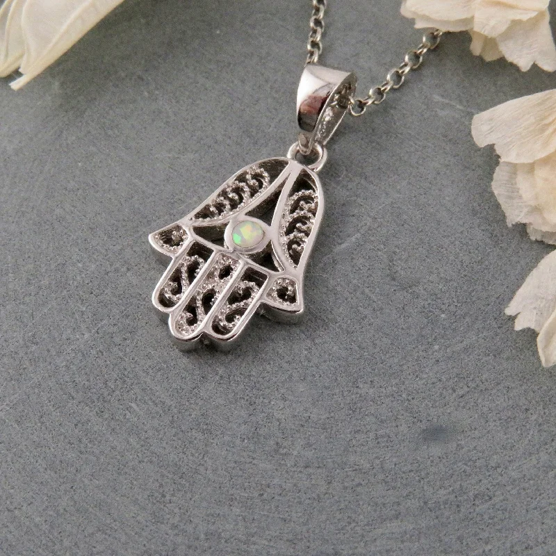 matching necklace sets for women-Filigree Sterling Hamsa Opal Necklace