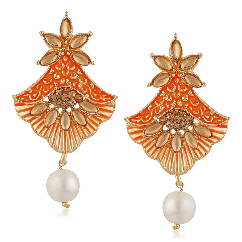 statement earrings for women-Mahi Meenakari Work Rosegold Plated Floral Dangler Earrings with Crystal and Artificial Pearl for Womens (ER1109675Z)