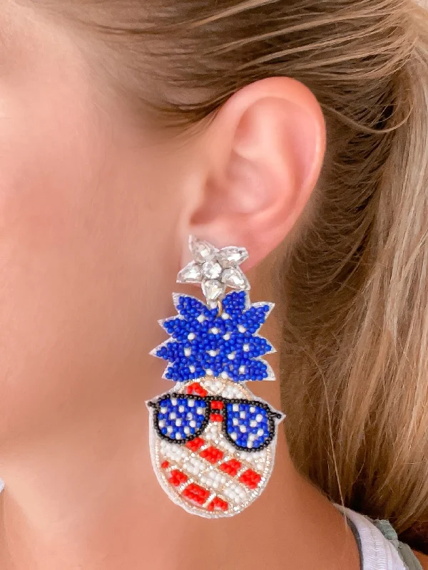 stylish silver earrings for women-Patriotic Pineapple Beaded Dangle Earrings