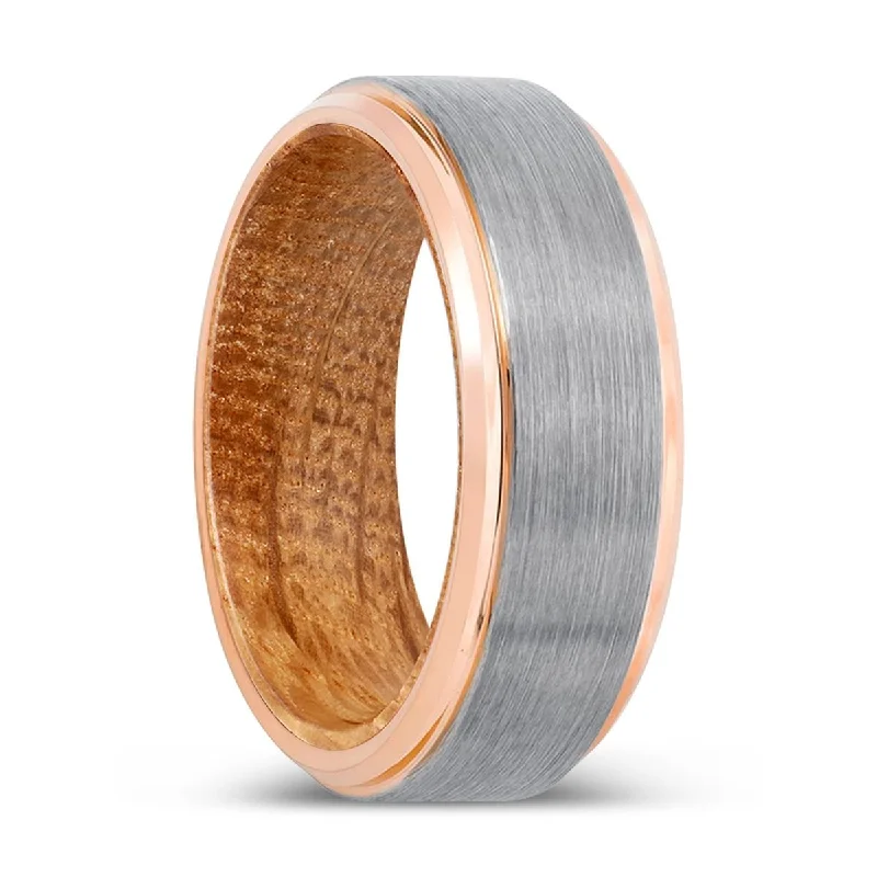 unique wedding bands for women-RADIC | Whiskey Barrel Wood, Silver Tungsten Ring, Brushed, Rose Gold Stepped Edge