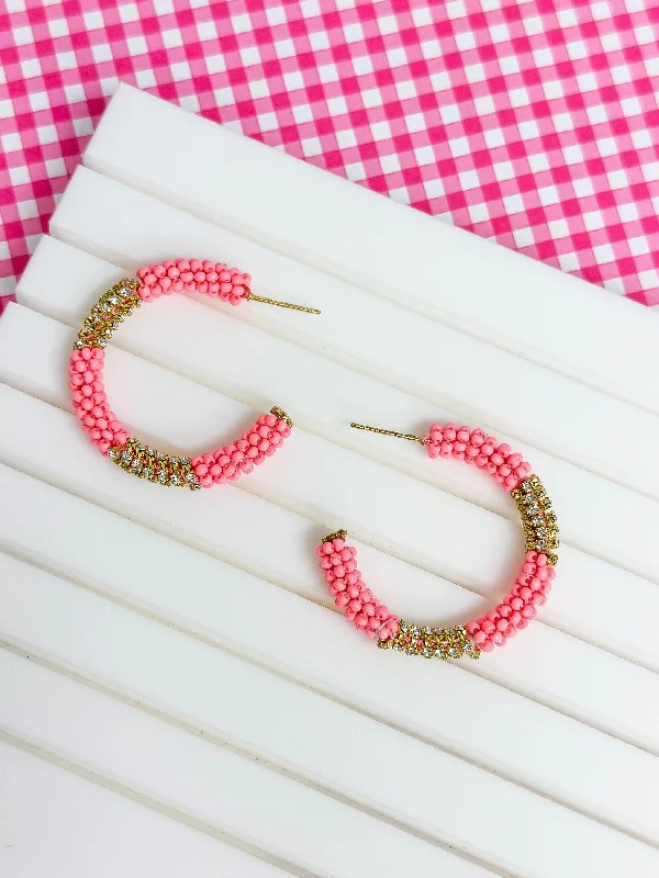 precious stone earrings for women-Seed Bead & Rhinestone Hoop Earrings - Pink