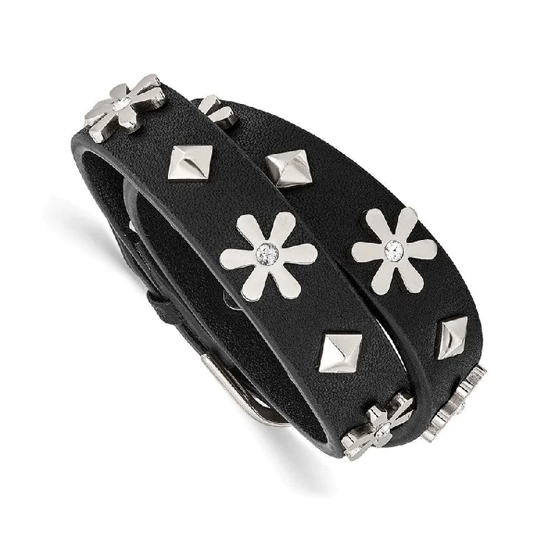 adjustable bracelets for women-Stainless Steel Polished w/Swarovski Flower Studded Leather Adj. Bracelet