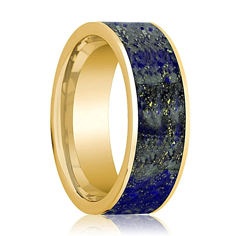 engagement rings with unique stones-Flat Polished 14k Yellow Gold Men's Wedding Band with Blue Lapis Lazuli Inlay - 8MM