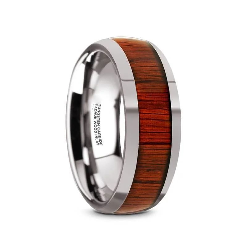 affordable wedding bands for women-Levi Men's Round Tungsten Carbide Wedding Band With Padauk Wood Inlay - 8 mm