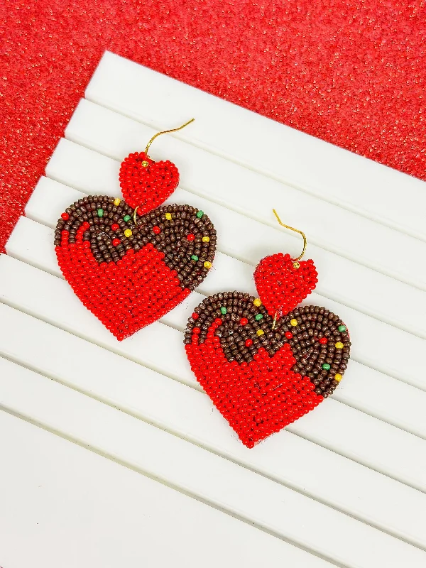 diamond earrings for women-Chocolate Heart Beaded Dangle Earrings - Red