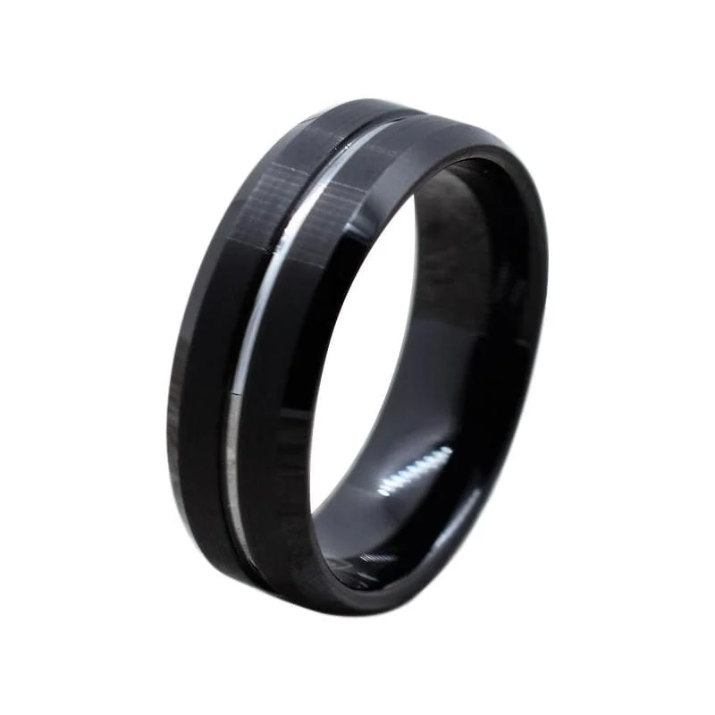 emerald engagement rings for women-Black Tungsten Carbide Ring  Brushed Finish with Silver Colored Center Groove 8mm