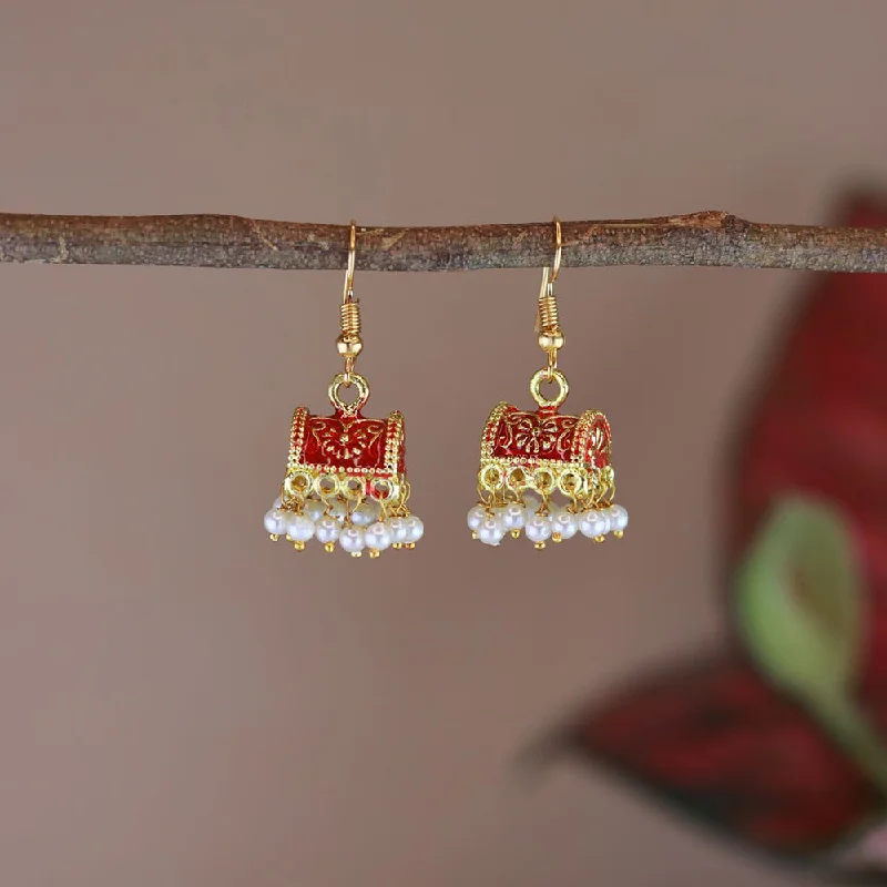 pearl earrings for women-Etnico Gold Plated Traditional Meenakari Handcrafted Red Pearl Jhumki Earrings for Women/Girls(E3074R)