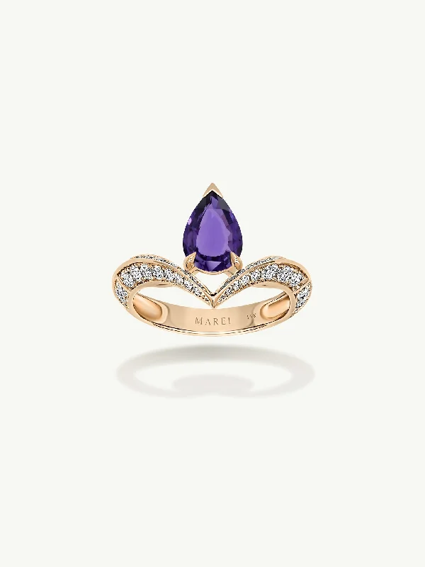 custom gold rings for women-Dorian Floating Teardrop-Shaped Ultra Violet Purple Sapphire Engagement Ring In 18K Yellow Gold