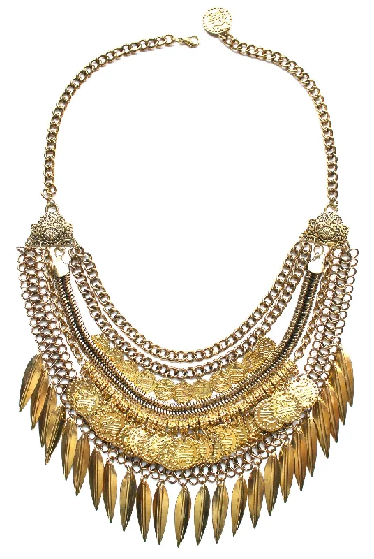 trendy necklaces for women-Layered Coin & Spike Fringe Necklace- Gold