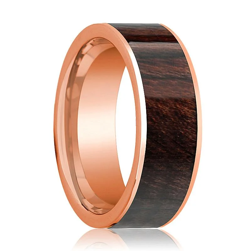 luxury gemstone rings for women-14k Rose Gold Flat Men's Wedding Band with Bubinga Wood Inlay - 8MM