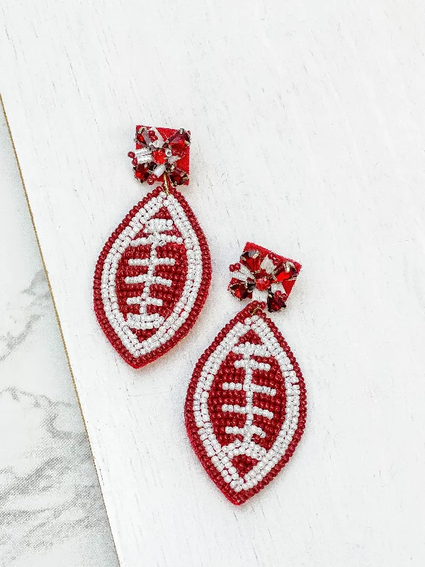 rose gold earrings for women-Glitzy Post Football Dangle Earrings - Maroon & White