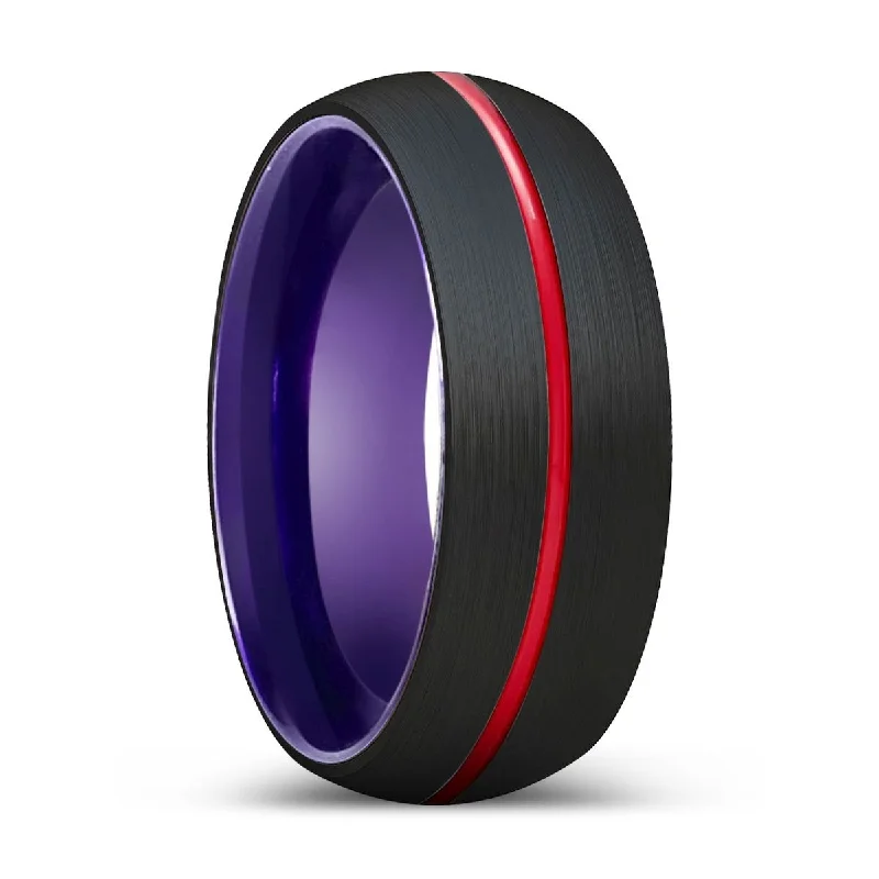 sterling silver rings for women-STORK | Purple Ring, Black Tungsten Ring, Red Groove, Domed