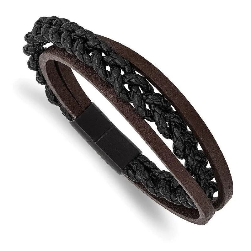 bangles for women-Stainless Steel Brushed Black IP Multi Strand Black/Brown Leather Bracelet