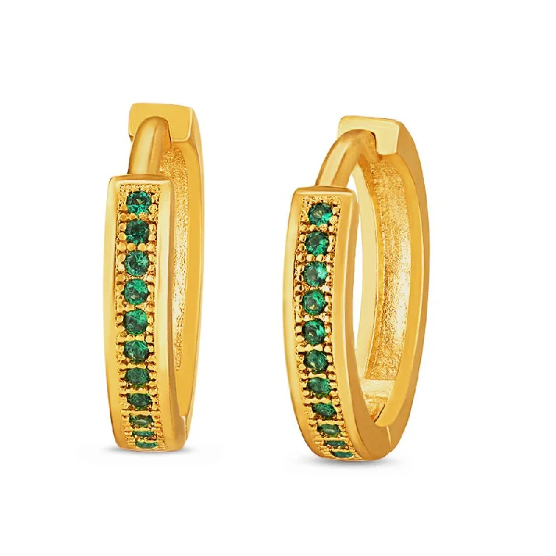 luxurious diamond earrings for women-Mahi Gold plated Big Single line Green CZ stone Huggies Hoops Earrings for Women