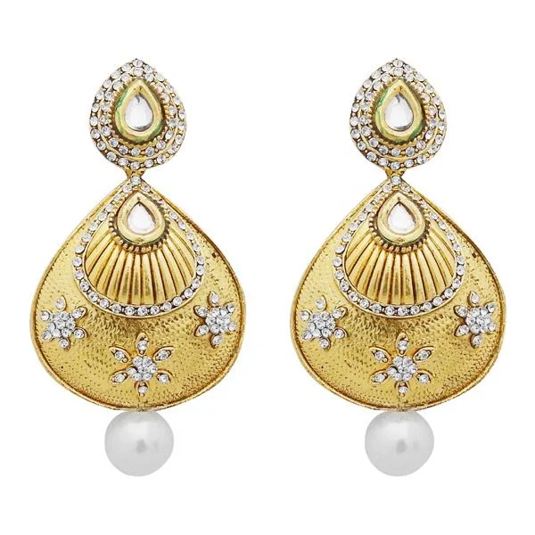 engagement earrings for women-Jheel Austrian Stone Gold Plated Pearl Drop Dangler Earrings - 2900248B