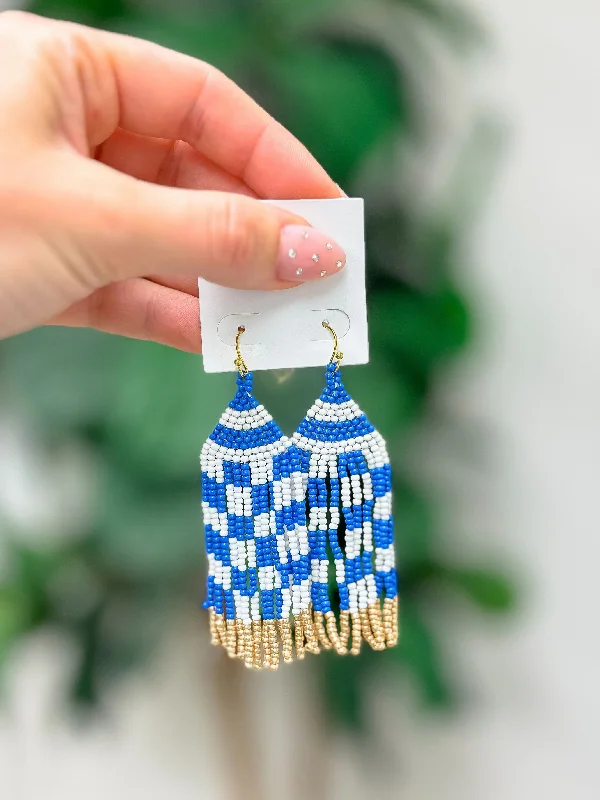 stud earrings for women-Game Day Seed Bead Fringe Dangle Earrings - Blue & White