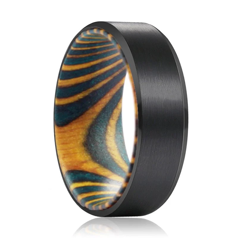 romantic promise rings for women-DAMON | Green and Yellow Wood, Black Tungsten Ring, Brushed, Beveled