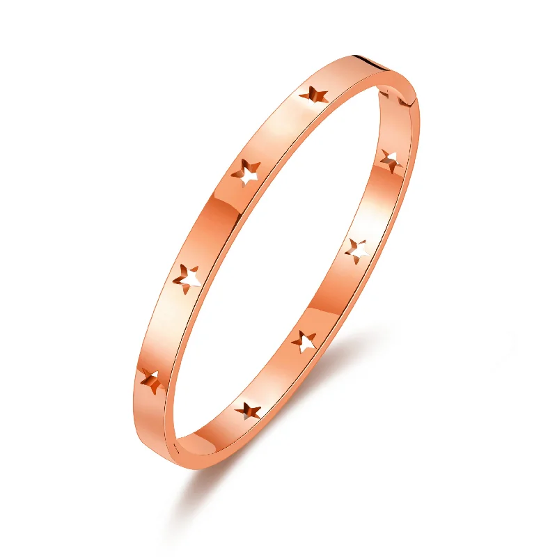 leather bracelets for women-Rose Gold Plated Stainless Steel Star Bangle (7 Inch)