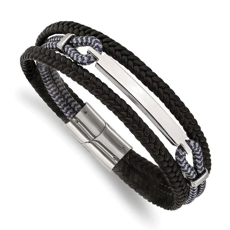 stackable charm bracelets for women-Stainless Steel Polished Leather and Cotton Multi Strand 8.25in ID Bracelet