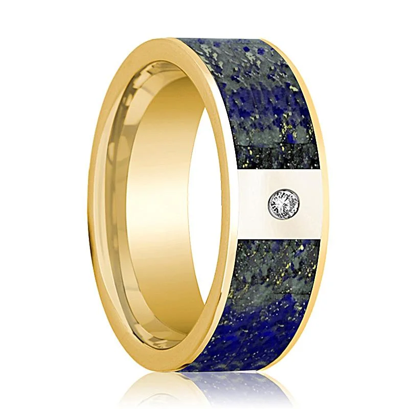 gold rings for women-Men's 14k Yellow Gold and Diamond Wedding Band with Blue Lapis Lazuli Inlay - 8MM