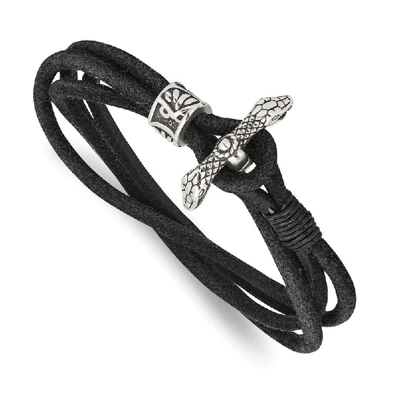 wedding bracelets for women-Stainless Steel Antiqued & Polished Snake Suede 16.5in Wrap Bracelet