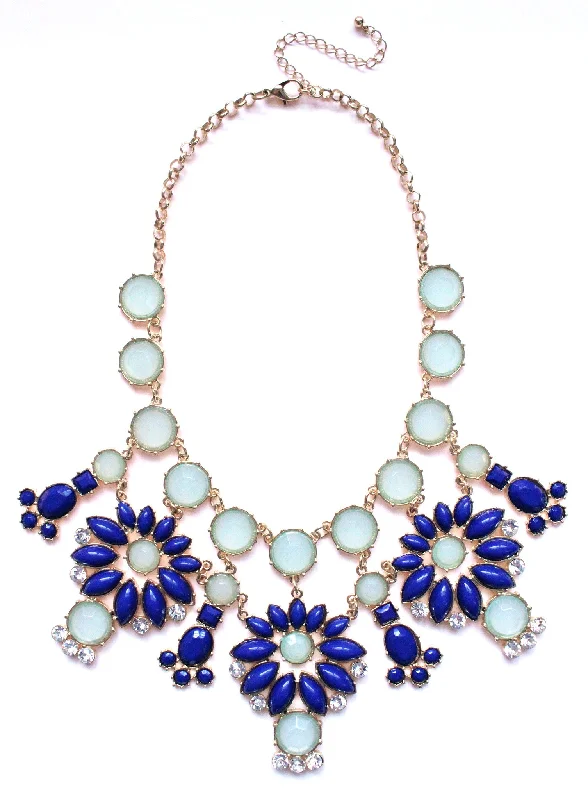 silver necklaces for women-Jeweled Floral Snowflakes Statement Necklace- Blue