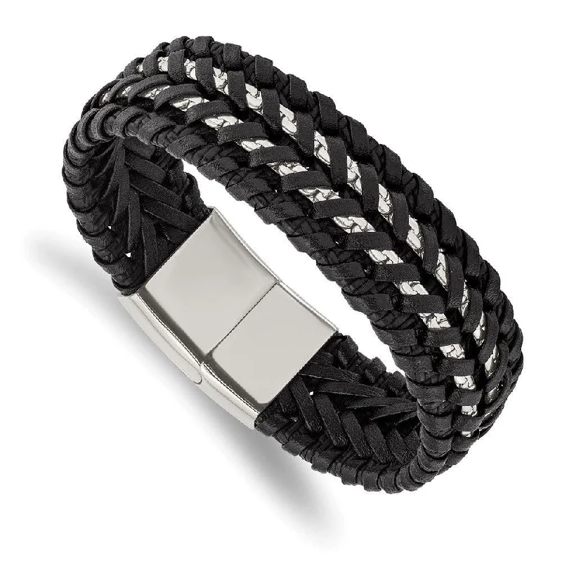 stacking bangles for women-Stainless Steel Polished Black Woven Leather and Chain 8.5in Bracelet