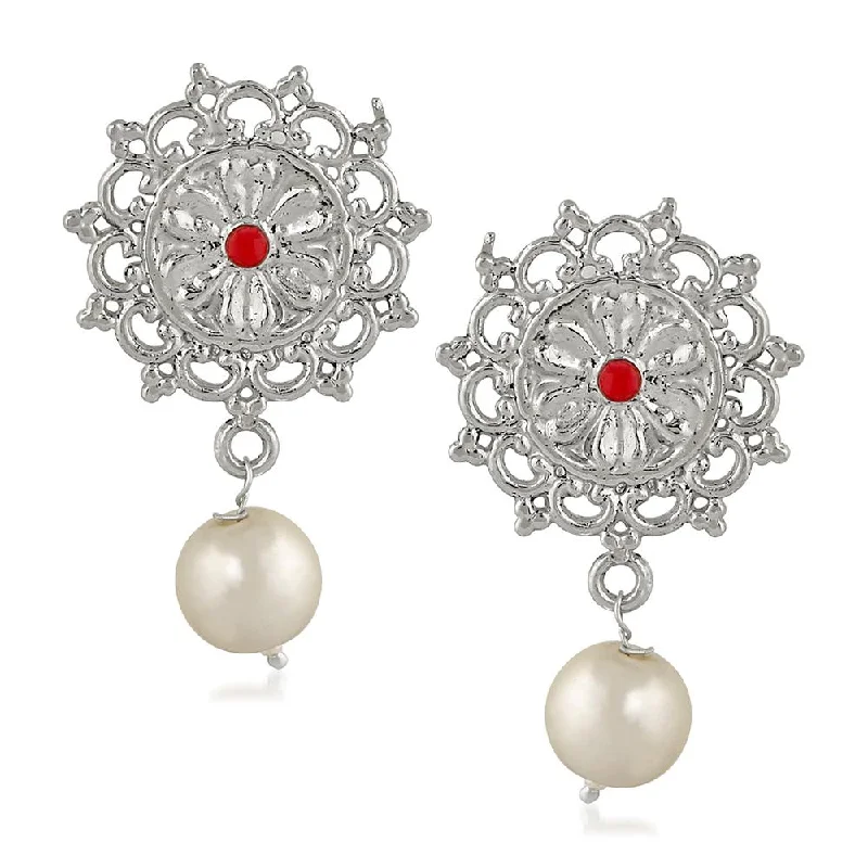 diamond earrings for women-Mahi Red Kundan and Artificial Pearl Traditional Floral Dangler Earrings for Women (VECJ100235)