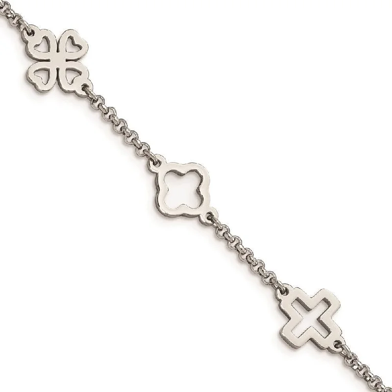 charm bangles for women-Stainless Steel Cross & Clovers Bracelet