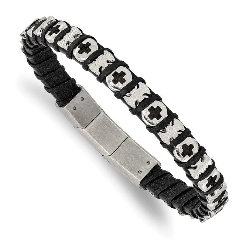 adjustable bracelets for women-Stainless Steel Polished Cross Black Leather w/.5in ext 8in Bracelet