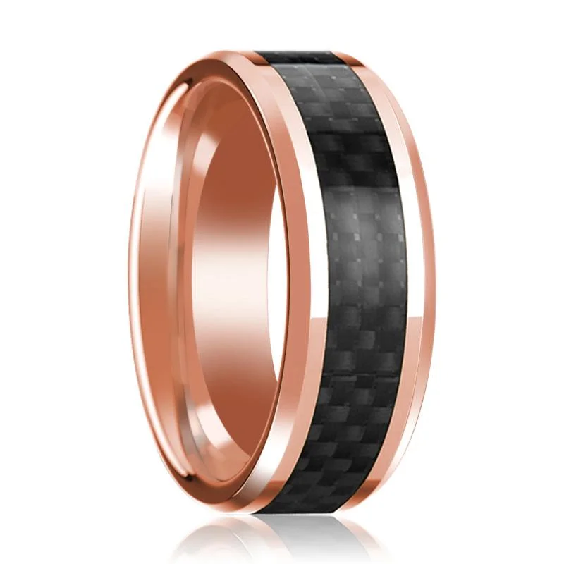 wedding set rings for women-Men's 14k Rose Gold Polished Wedding Band with Black Carbon Fiber Inlay & Beveled Edges - 8MM