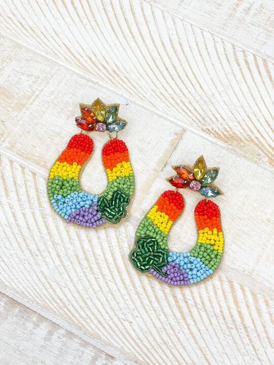 casual earrings for women-Lucky Rainbow Horseshoe Beaded Dangle Earrings