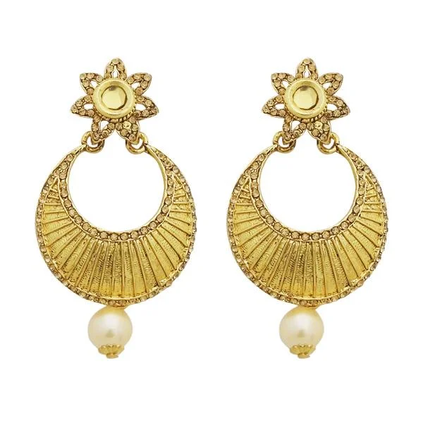 diamond earrings for women-Jheel Austrian Stone Gold Plated Pearl Drop Dangler Earrings - 2900201A