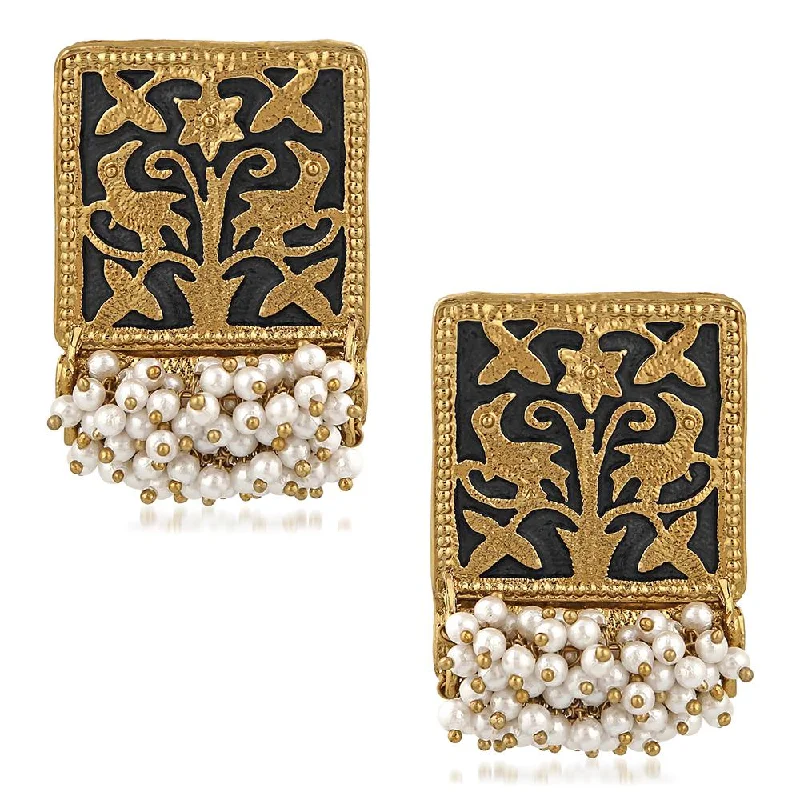 vintage stud earrings for women-Mahi Ethnic Meenakari Work Rectangular Shape Dangler Earring with Artificial Pearl for Women VECJ100138Bla