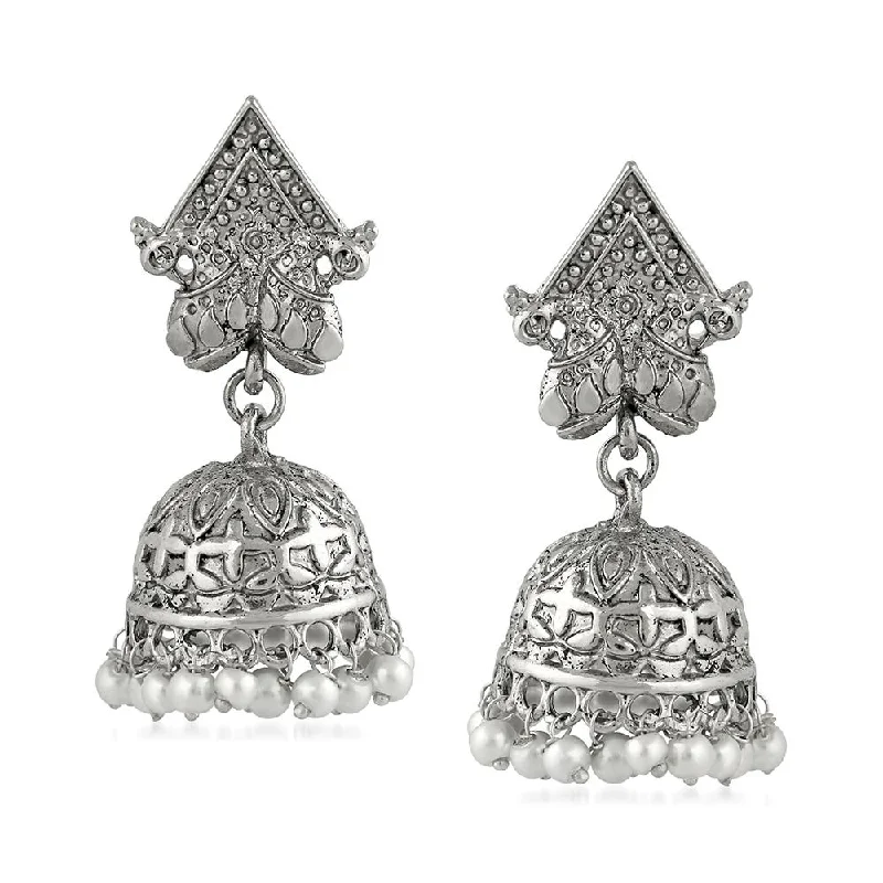 round stud earrings for women-Mahi Rhodium Plated Traditional Ethnic Jhumka Earrings for Women (VECJ100228)